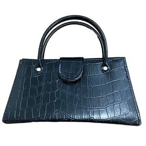 Black Faux Crocodile Skin Micro Mini Handbag Top Handle Small Purse Croc Print